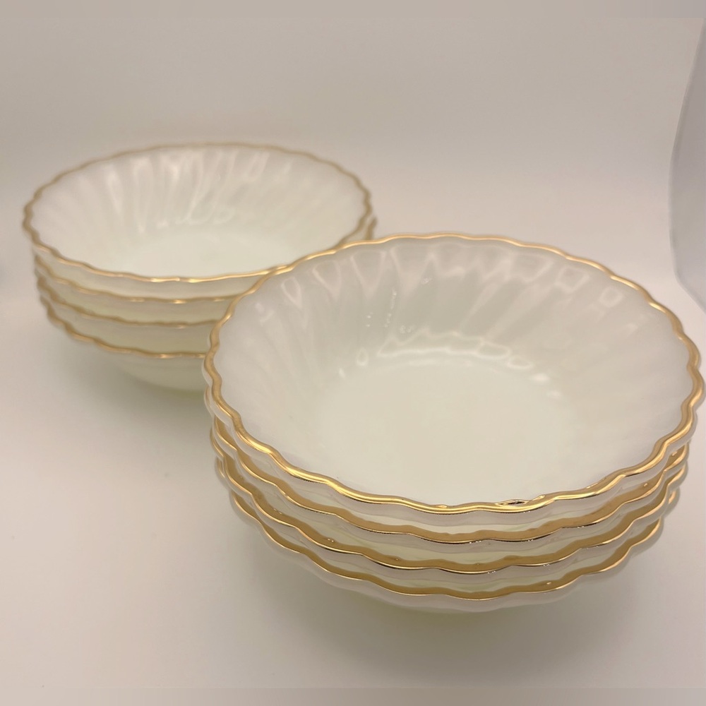 VTG Anchor Hocking 4 7/8” White Swirled Berry Bowls with Gold-Toned Rim Set of 4